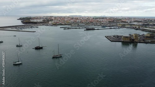 Peniche in Portugal with the port and sailboats at anchor
