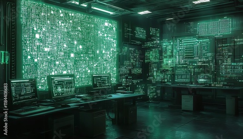 Glowing microchips and circuit boards in a futuristic electronics lab, hightech workstations, digital circuits, neon lighting, cuttingedge technology and innovation photo