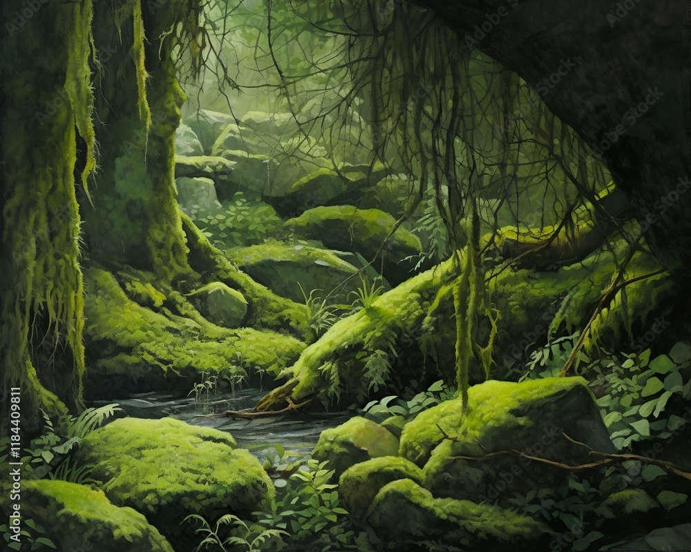 Lush moss-covered surface background in vibrant green tones with organic textures