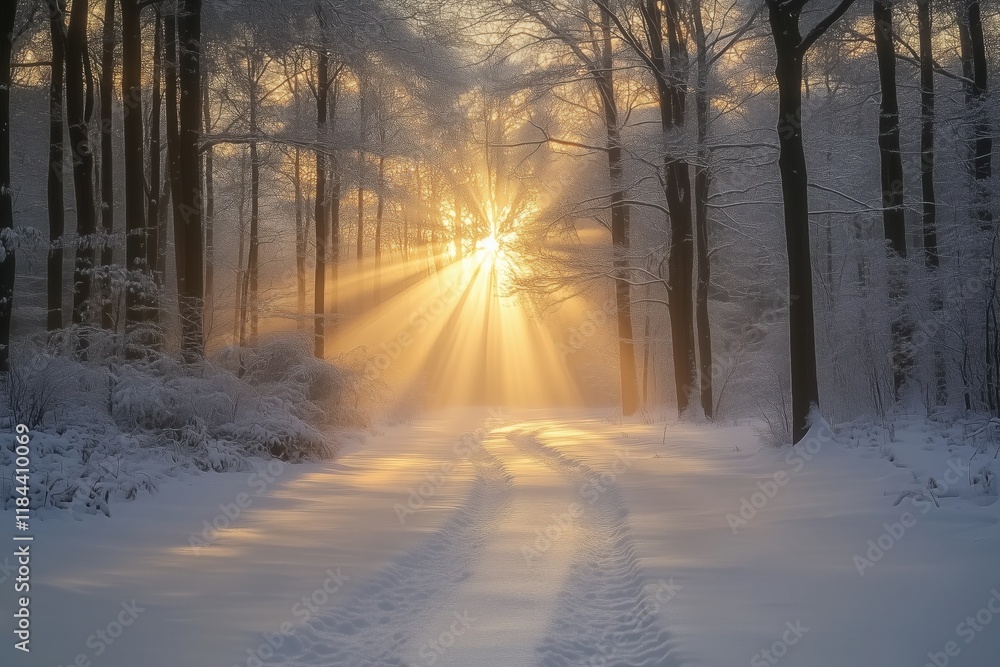 Naklejka premium Golden sun rays illuminating a snowy forest road at dawn, creating a magical atmosphere filled with peace and tranquility, inviting exploration through the serene winter landscape