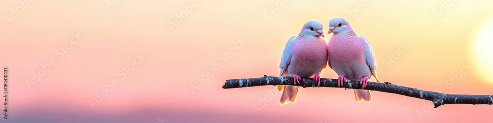 Naklejka premium Two white doves perched on a branch during a glowing sunset with space for copy