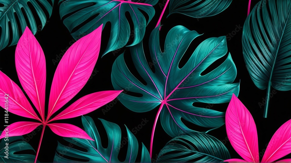 Vibrant Pink and Teal Tropical Leaves: A Bold, Lush Botanical Illustration Vibrant Pink and Teal Tropical Leaves: A Bold, Lush Botanical Illustration