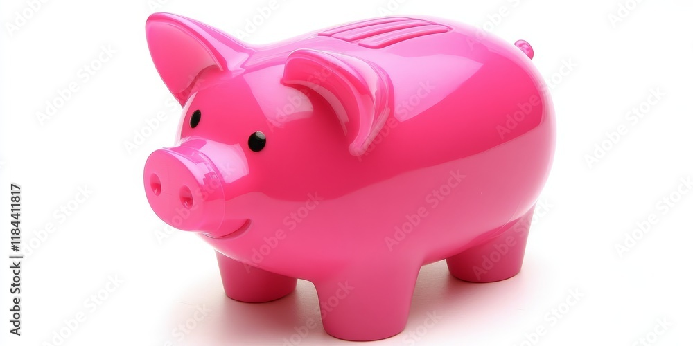 Fototapeta premium A vibrant pink plastic piggy bank designed for saving money. This playful pink piggy bank can add charm to any room while encouraging savings with its eye catching design.