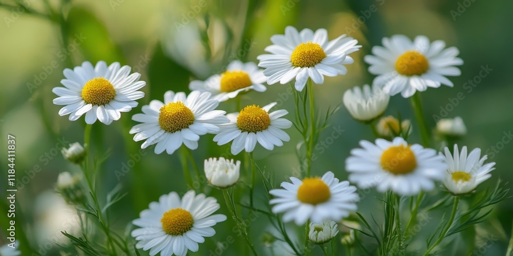 Close up of white garden chamomile blooms in a summer garden, showcasing intricate details with selective focus. This macro photo highlights the beauty of chamomile against a lush green backdrop. Close up of white garden chamomile blooms in a summer garden, showcasing intricate details with selective focus. This macro photo highlights the beauty of chamomile against a lush green backdrop.