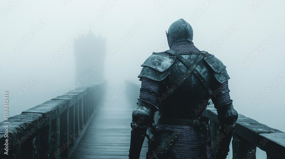 Naklejka premium A knight standing on a cliff at the edge of the world, staring into the infinite void, his sword resting on the ground before him, the wind howling.