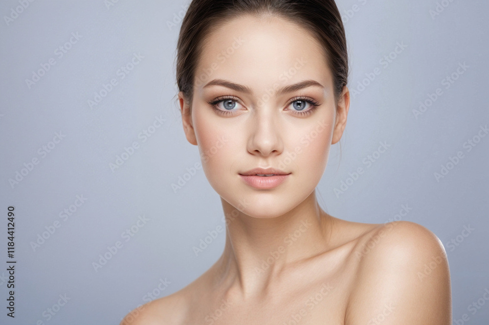 A beautiful woman's face and shoulders are shown against a pale blue background. A beautiful woman's face and shoulders are shown against a pale blue background.