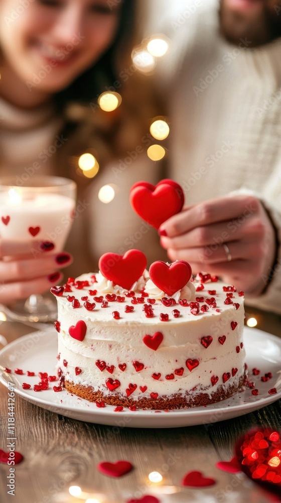 Decadent Heart Shaped Cake with Red Candied Hearts for Romantic Decadent Heart Shaped Cake with Red Candied Hearts for Romantic
