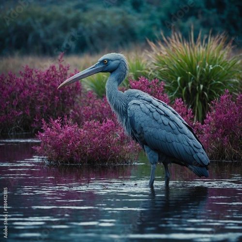 A shoebill stork in a surreal marsh with vivid purple and teal plants.