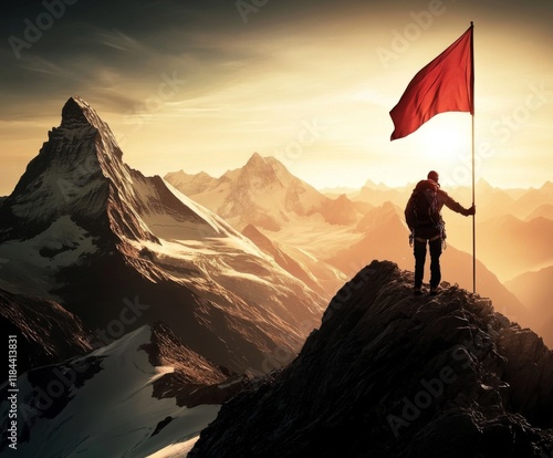 A mountain climber ascends towards a flag, symbolizing goal achievement.