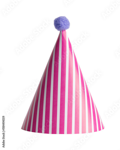 Classic pink with white stripes party hat and lilac purple pompom standing. Isolated cutout on a transparent background.