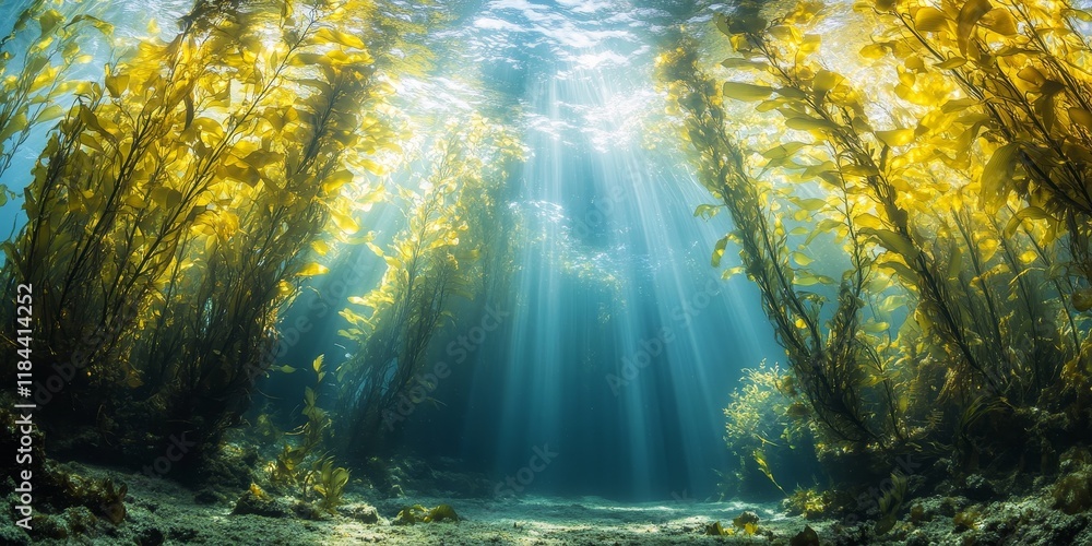 Stunning underwater kelp forest features clear water where sunlight streams through the towering kelp plants, highlighting the vibrant underwater ecosystem within the kelp forest. Stunning underwater kelp forest features clear water where sunlight streams through the towering kelp plants, highlighting the vibrant underwater ecosystem within the kelp forest.