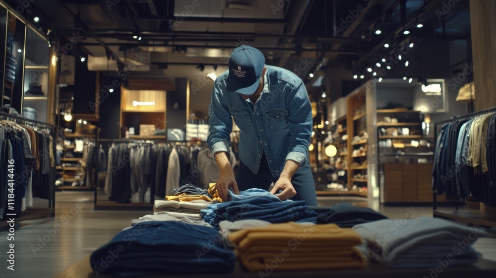 Worker Arranging Discounted Items in Retail Space Worker Arranging Discounted Items in Retail Space
