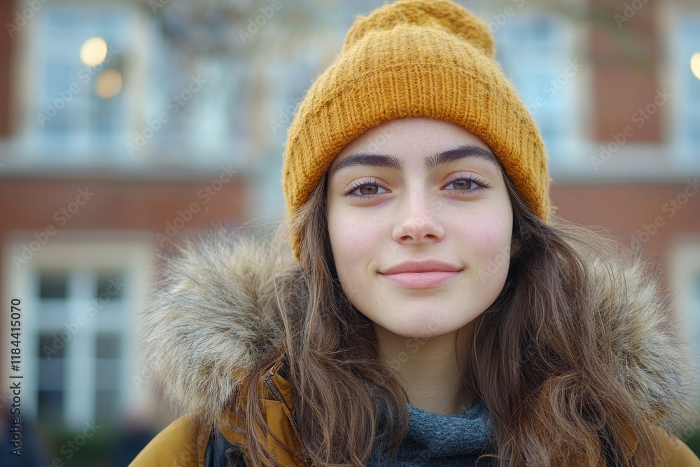 Young student in front of university building looking at camera. Generative AI Young student in front of university building looking at camera. Generative AI