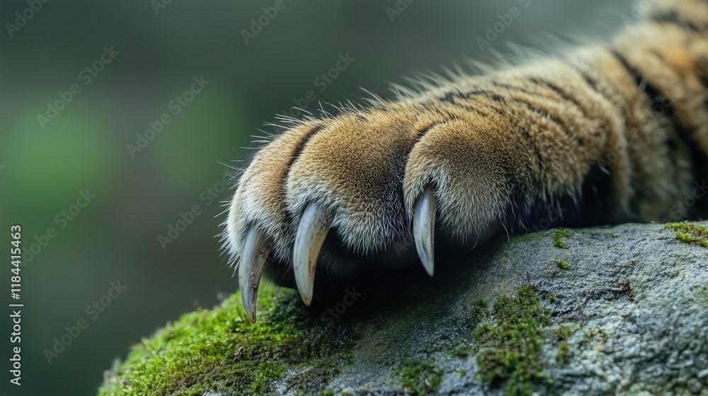 Naklejka premium A Close up of the Claws of a Tiger on a Moss Covered Rock - Generative AI