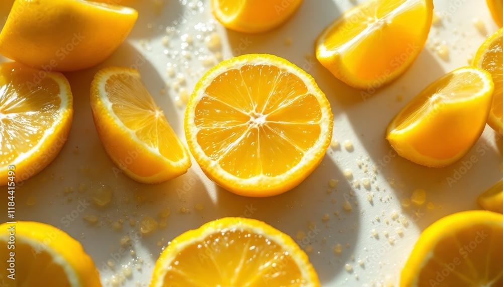 Sun-Kissed Slices, A Bright and Juicy Display of Fresh Cut Lemons and Sparkling Juice Droplets Sun-Kissed Slices, A Bright and Juicy Display of Fresh Cut Lemons and Sparkling Juice Droplets