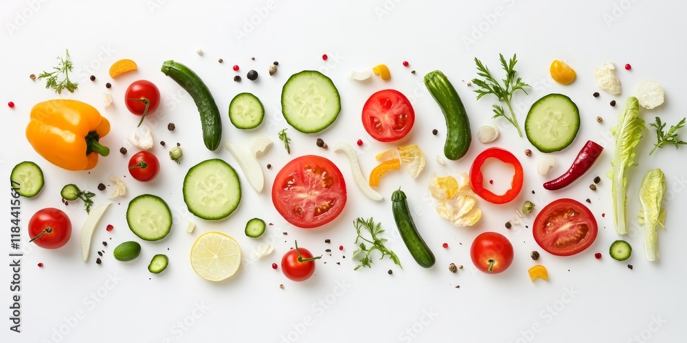 Flat lay composition featuring organic sliced vegetables arranged on a white background, showcasing the vibrant colors and textures of organic vegetables for an appealing presentation. Flat lay composition featuring organic sliced vegetables arranged on a white background, showcasing the vibrant colors and textures of organic vegetables for an appealing presentation.