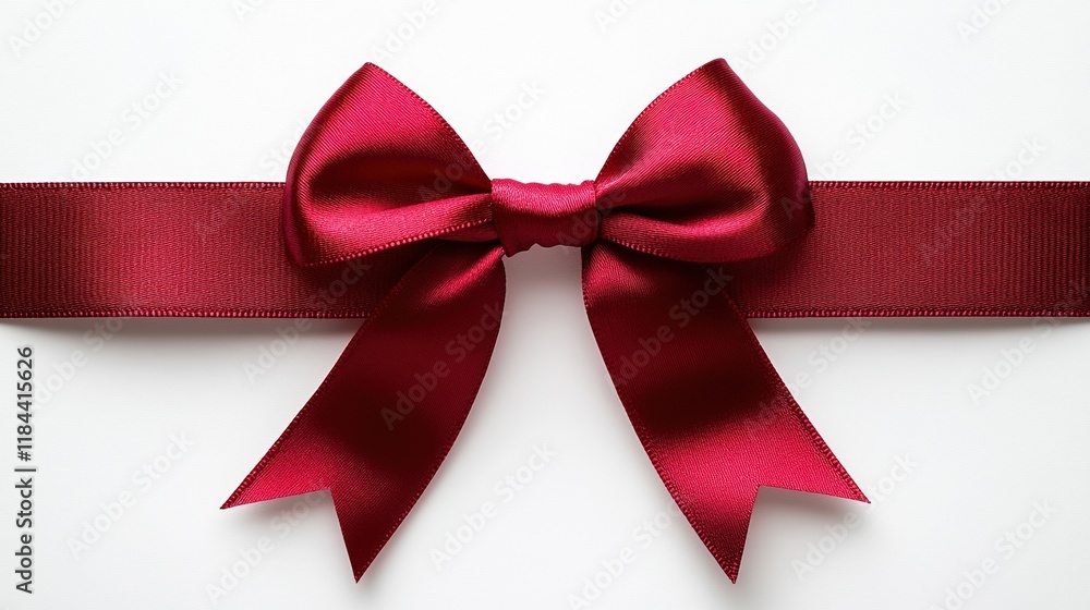Fototapeta premium A vibrant red satin ribbon tied into a perfect bow on a clean white background, symbolizing celebration, elegance, and gift-giving. Ideal for festive or holiday themes.