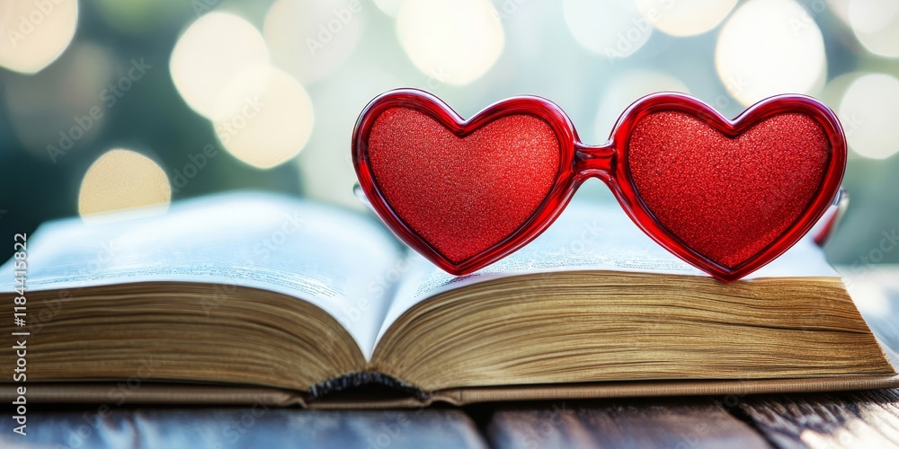 Red heart shaped glasses resting on a book create a unique and charming composition. The red heart shaped glasses add a touch of whimsy to the book, highlighting both items in this delightful scene. Red heart shaped glasses resting on a book create a unique and charming composition. The red heart shaped glasses add a touch of whimsy to the book, highlighting both items in this delightful scene.