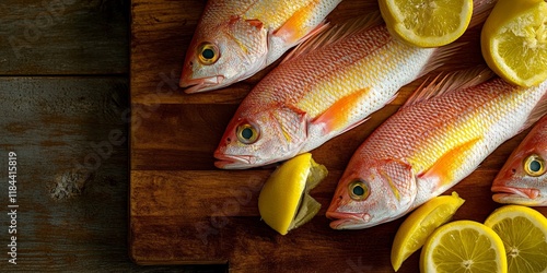 Close up of yellowtail snappers arranged on a wooden kitchen board, showcasing the vibrant colors and texture of the yellowtail snappers in a culinary setting. photo