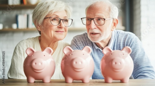 Seniors Planning Savings with Piggy Banks on Table