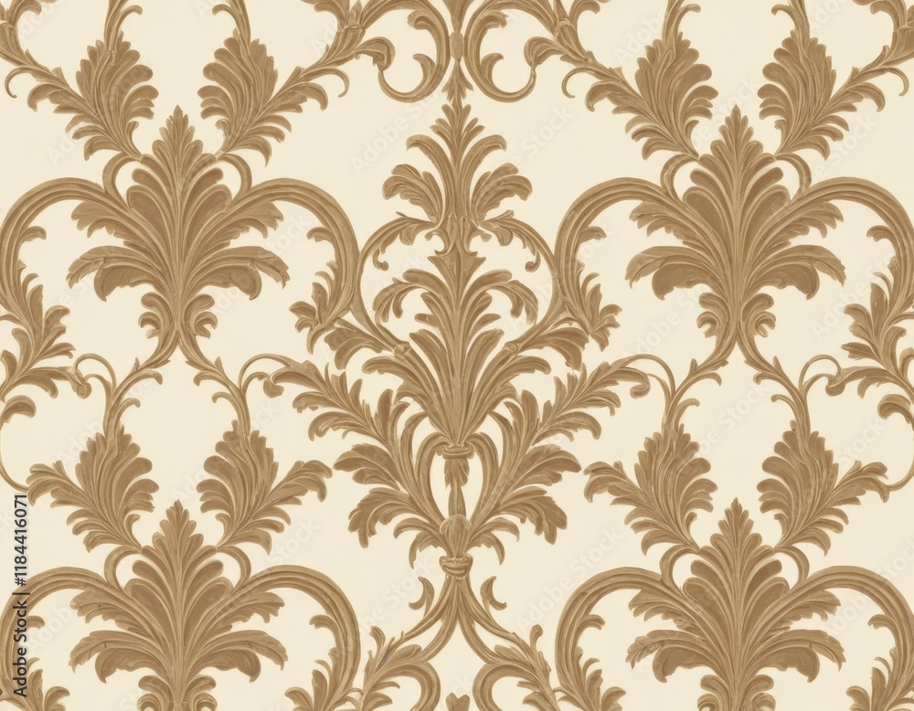 Elegant Damask Wallpaper: Ornate Gold Baroque Pattern on Cream Background, Seamless Texture Elegant Damask Wallpaper: Ornate Gold Baroque Pattern on Cream Background, Seamless Texture
