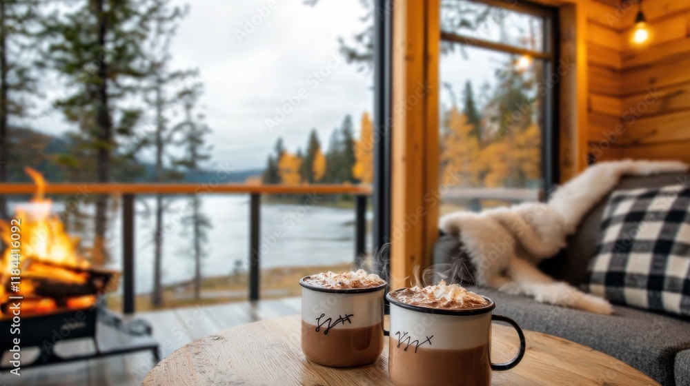 Cozy Cabin by the Lake with Crackling Fireplace in Snowy Winter Wonderland Cozy Cabin by the Lake with Crackling Fireplace in Snowy Winter Wonderland