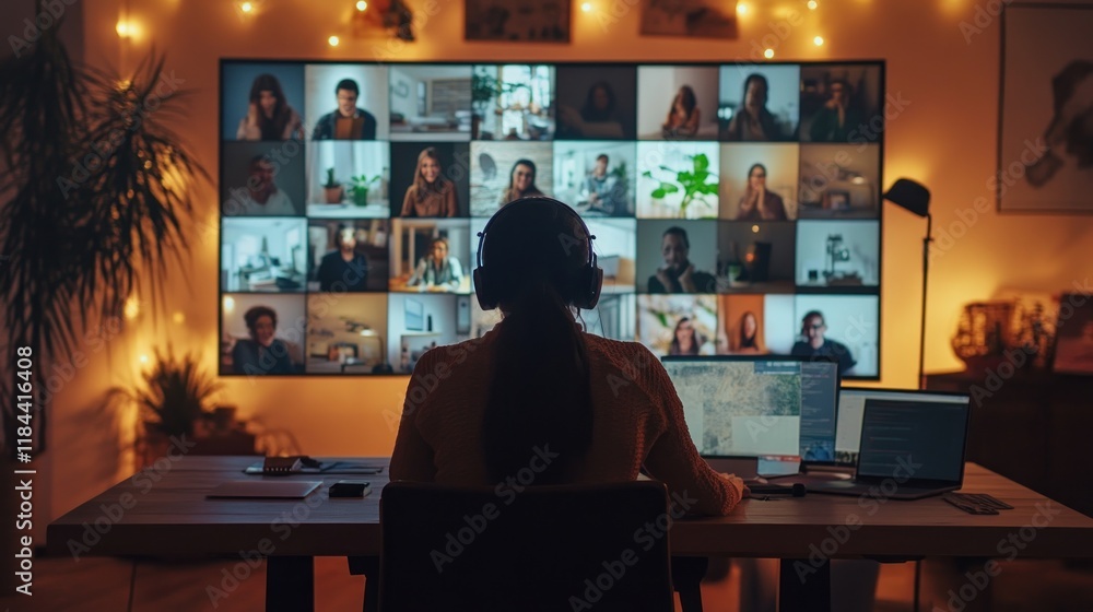 Remote Work: Woman in Virtual Meeting on Large Screen Remote Work: Woman in Virtual Meeting on Large Screen
