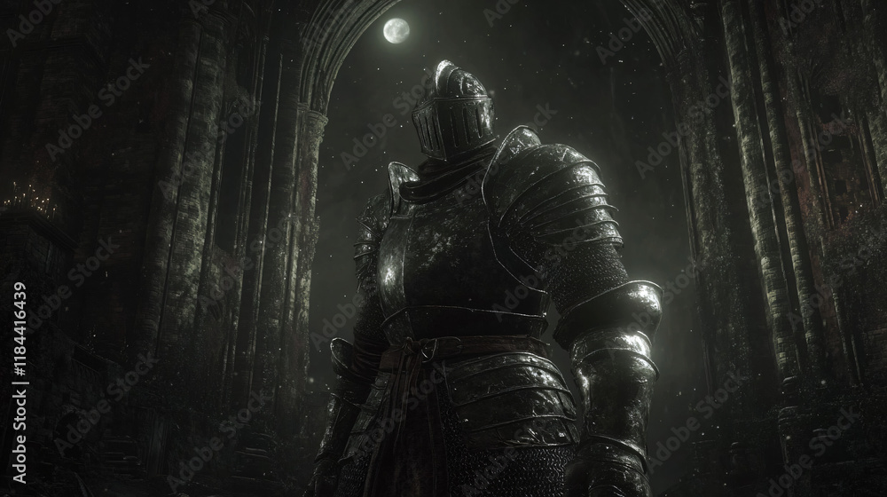 A knight standing under a colossal archway in the ruined cathedral, his armor reflecting faint moonlight. A knight standing under a colossal archway in the ruined cathedral, his armor reflecting faint moonlight.