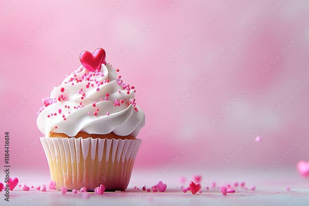Close up view of heart shaped sprinkles on a cupcake with a pastel background design Close up view of heart shaped sprinkles on a cupcake with a pastel background design