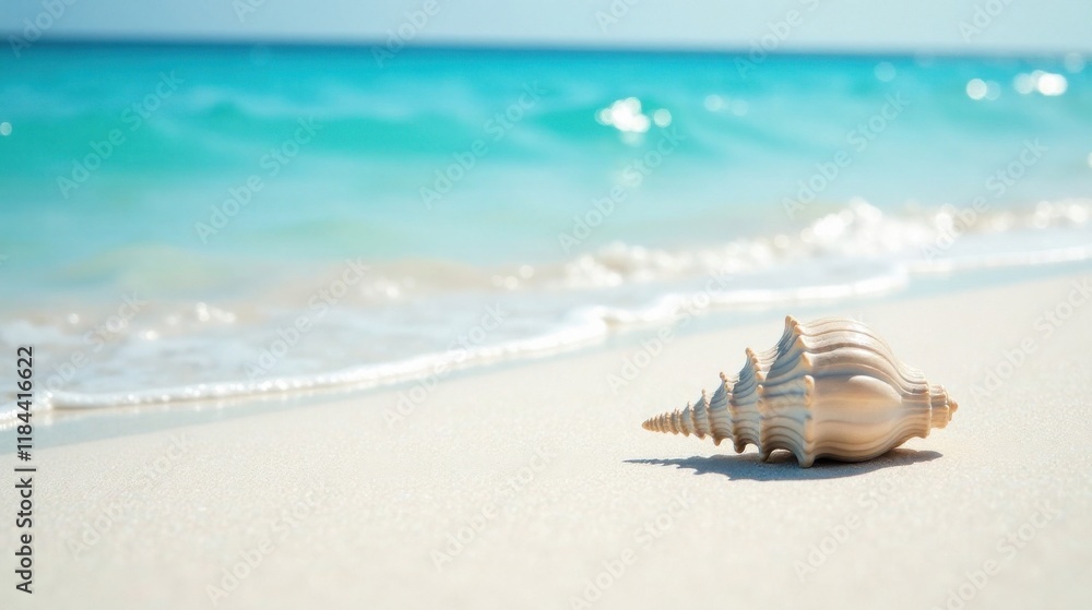 Seashell on a pristine beach with gentle waves and a turquoise ocean Seashell on a pristine beach with gentle waves and a turquoise ocean