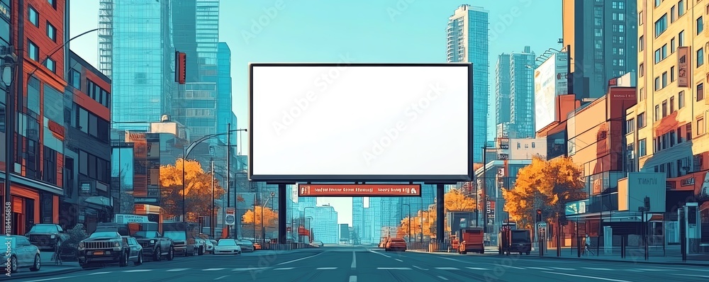 Obraz premium Flat style illustration of a blank white advertisement board on a bustling city street, positioned on the side of a modern building, clean and large sign, urban environment