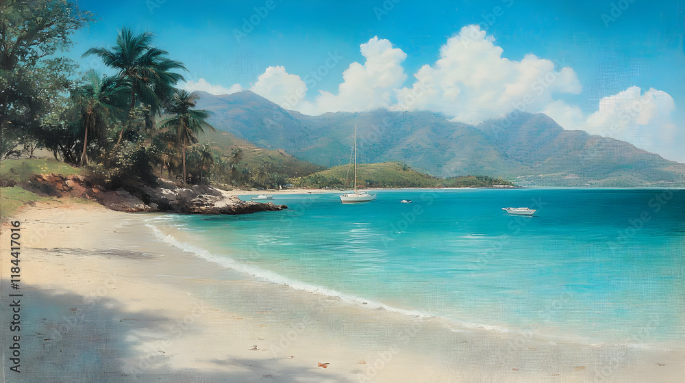 Fototapeta premium Tropical Beach Illustration: Palm Trees, Boats, and Mountains