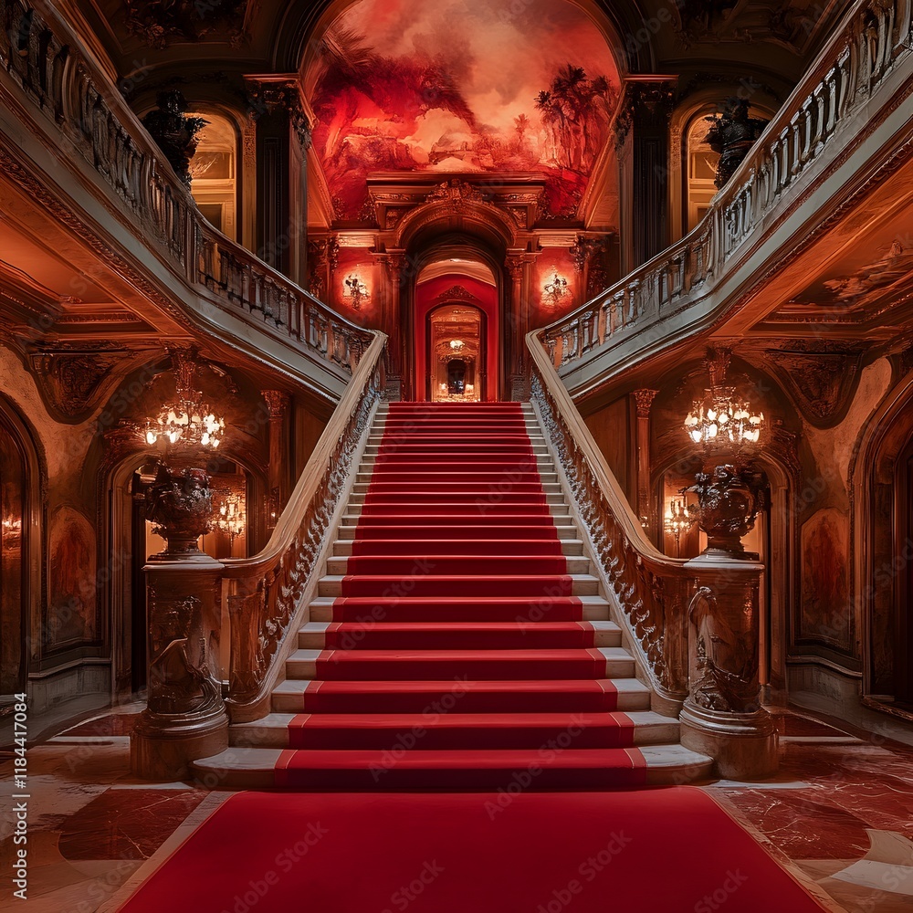 Obraz premium Red-carpeted staircase under a radiant chandelier glow.