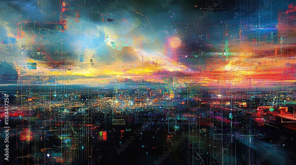 Fototapeta premium Futuristic city skyline at sunset with digital network overlays.