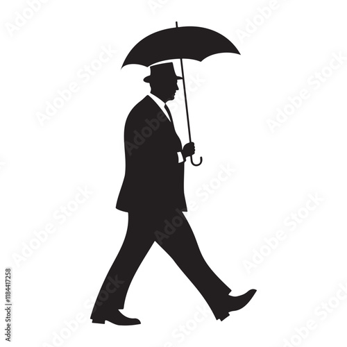 A 1920s businessman walking with an umbrella silhouette vector illustration
