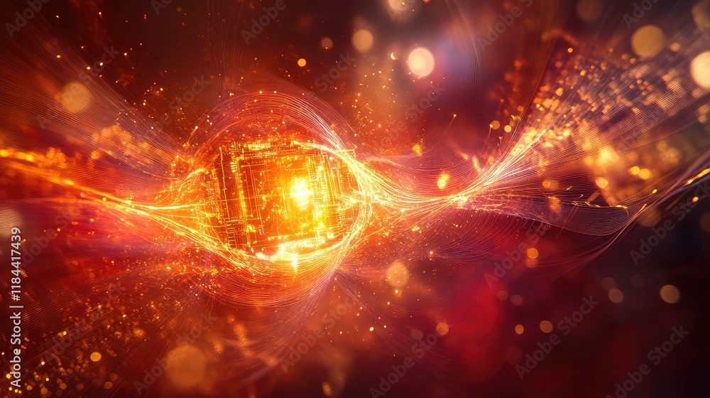 Obraz premium Quantum-enhanced AI chip surrounded by light particles, emitting pulsating energy waves