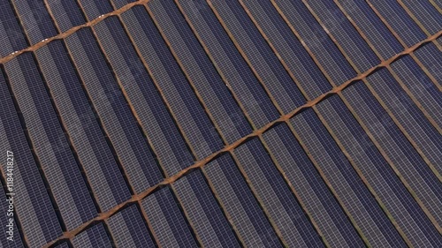 Aerial view of solar farm with modern photovoltaic panels in Lovech, Bulgaria. photo