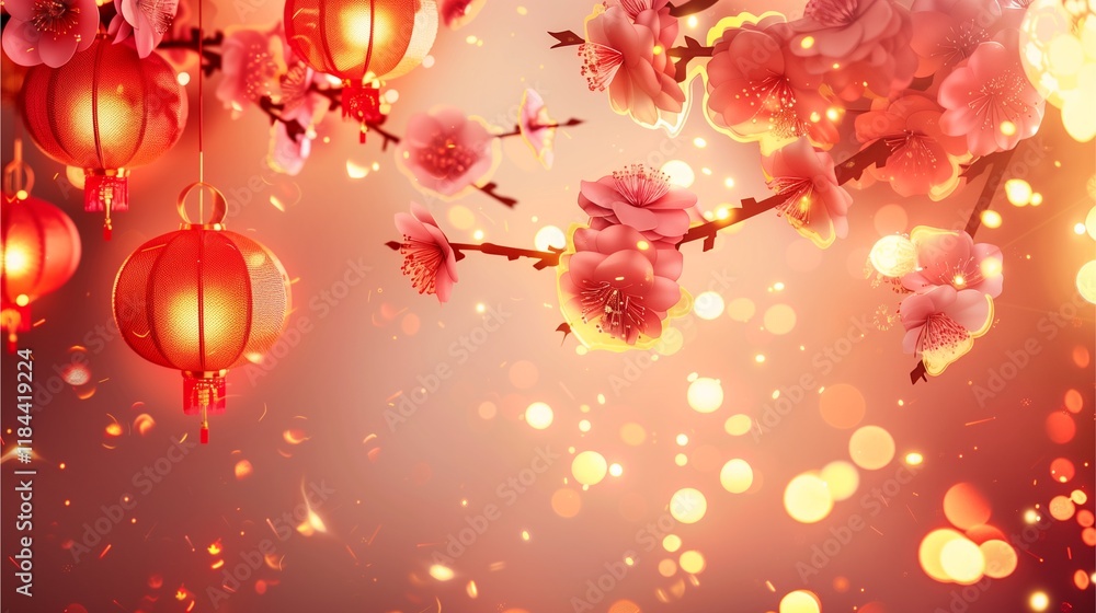 Fototapeta premium Lunar New Year: Blossoms and Lanterns 