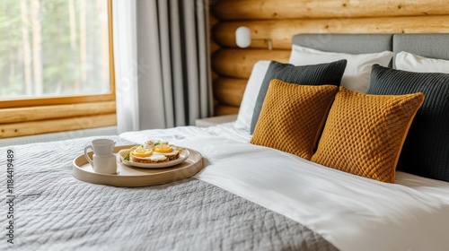 Cozy bedroom scene featuring soft pillows, a breakfast tray, and natural light for a relaxing morning ambiance. photo