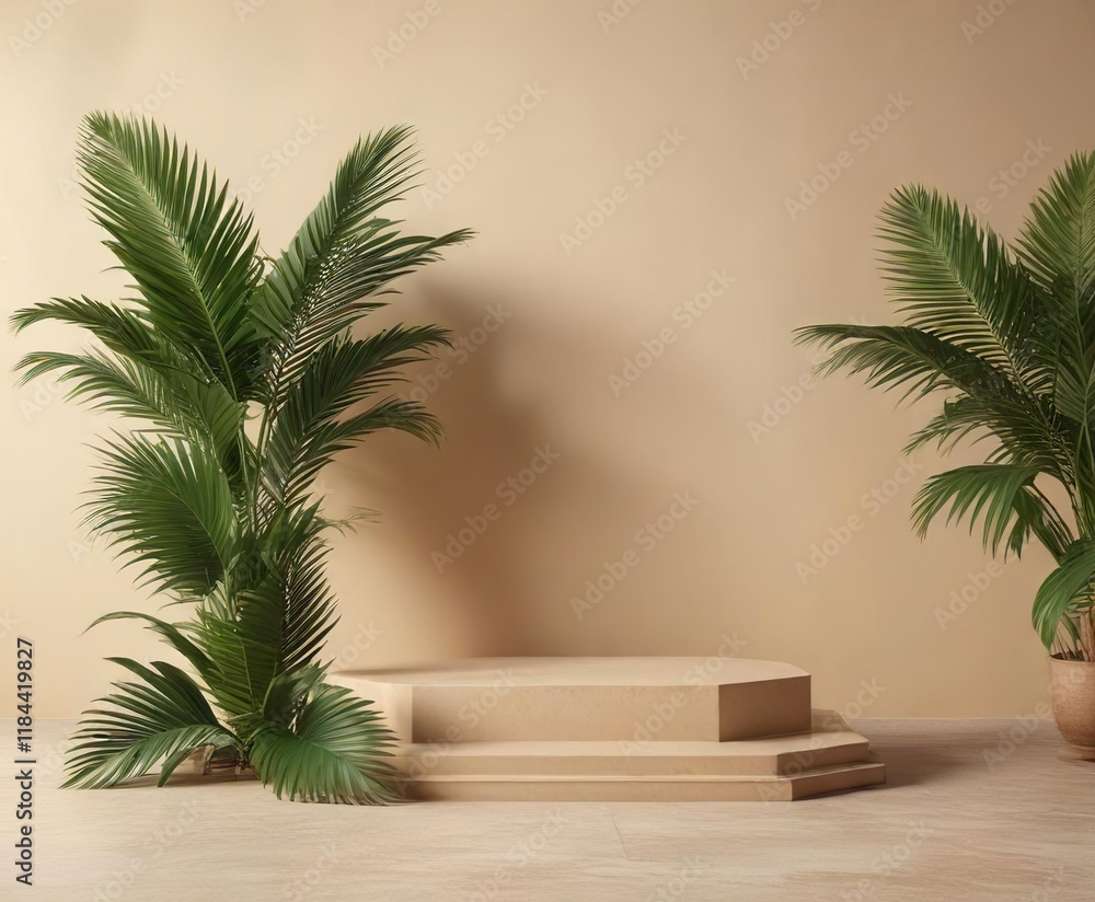 Fototapeta premium Empty podium with palm leaves on beige background , white podium, simple stage, tropical decor