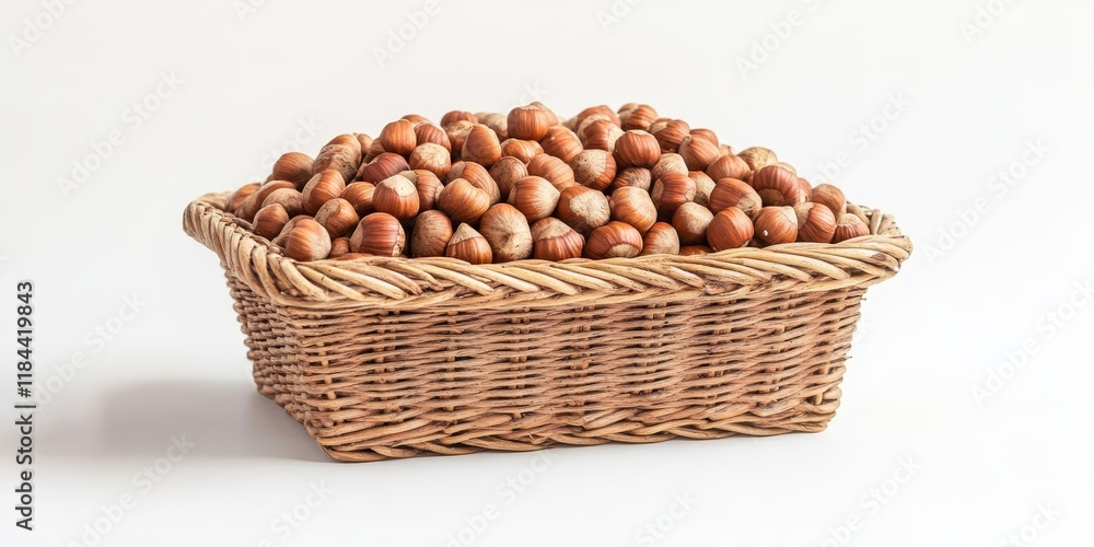 Dried hazelnuts displayed in a basket against a white background, showcasing the natural texture and color of dried hazelnuts, perfect for culinary and snack related concepts. Dried hazelnuts displayed in a basket against a white background, showcasing the natural texture and color of dried hazelnuts, perfect for culinary and snack related concepts.