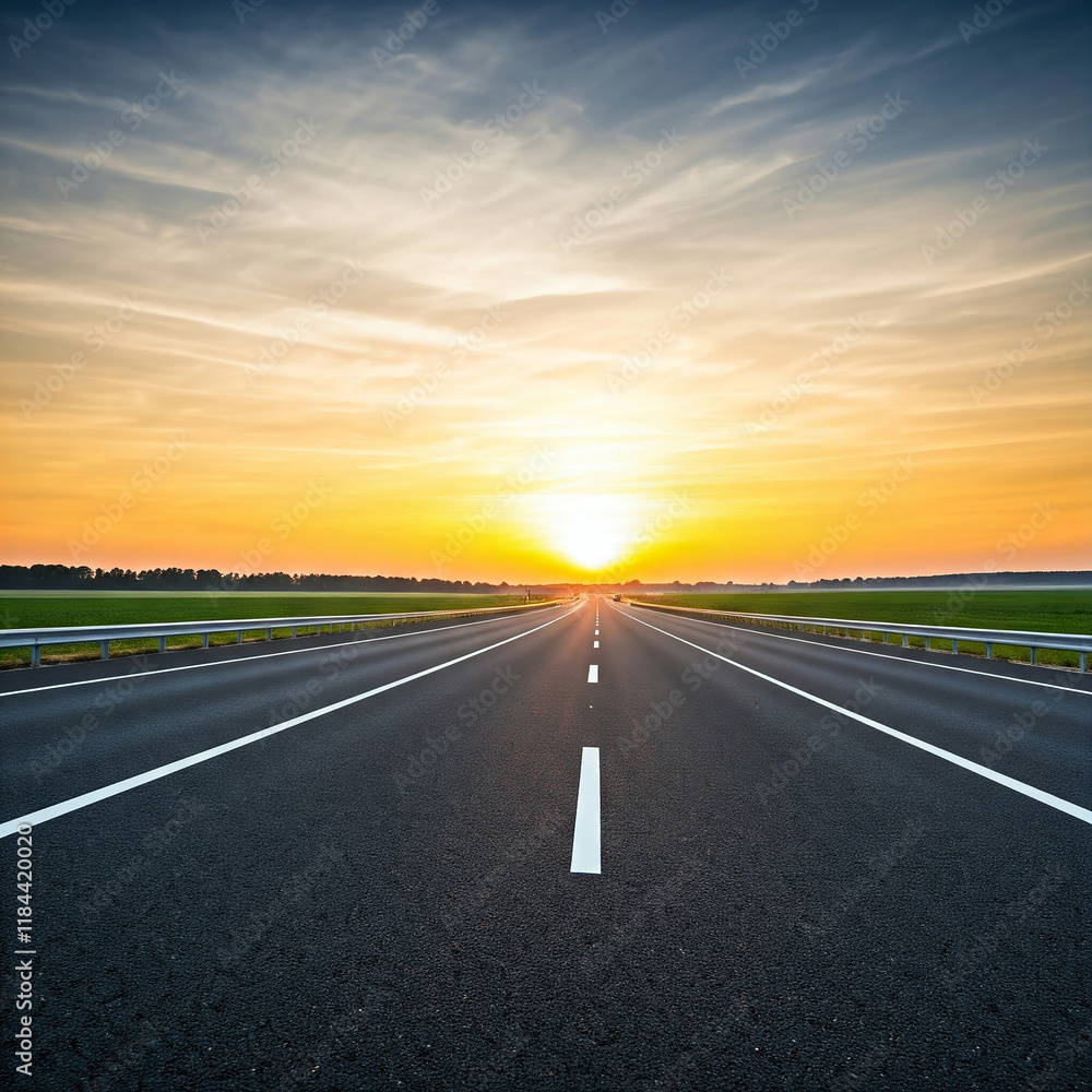sunset on the highway. beautiful sun rising sky with asphalt highways road in rural. golden hour road view. sunset on the highway. beautiful sun rising sky with asphalt highways road in rural. golden hour road view.