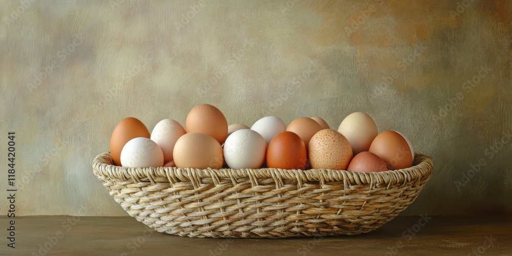 A woven basket contains fresh eggs set against a textured backdrop, emphasizing the theme of organic farm products. Fresh organic eggs are beautifully displayed. A woven basket contains fresh eggs set against a textured backdrop, emphasizing the theme of organic farm products. Fresh organic eggs are beautifully displayed.