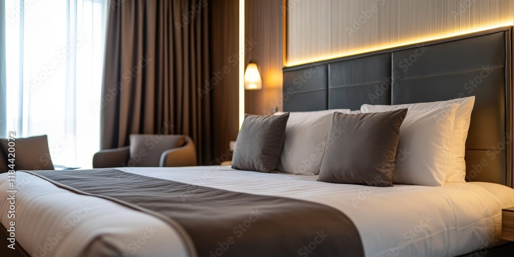 Stylish and modern hotel bedroom interior featuring elegant design elements, creating a serene and comfortable atmosphere in a contemporary setting for an ultimate relaxation experience. Stylish and modern hotel bedroom interior featuring elegant design elements, creating a serene and comfortable atmosphere in a contemporary setting for an ultimate relaxation experience.