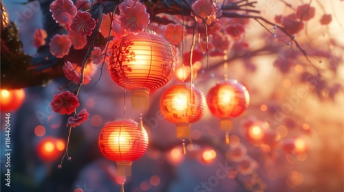 Chinese New Year Lantern Glow: Warm glow of lanterns and blossoms illuminate the branches of a tree, casting a magical ambiance. Symbol of hope, prosperity, and celebration.