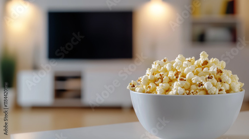 Close-up of a bowl of popcorn on table in front of the TV, in a bright and modern living room. Copy space.