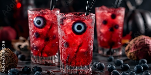 Vibrant red Halloween cocktail featuring a lychee and blueberry eye, perfect for spooky celebrations. This red Halloween cocktail adds an enchanting touch to your festive gatherings. photo