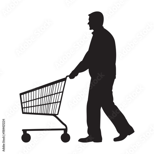 A old man with a shopping cart silhouette vector illustration