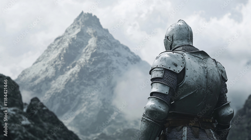 A knight stands at the base of a towering mountain, staring up at the daunting peak ahead. His armor is glistening, and a sense of determination emanates from him as he prepares for the climb. A knight stands at the base of a towering mountain, staring up at the daunting peak ahead. His armor is glistening, and a sense of determination emanates from him as he prepares for the climb.