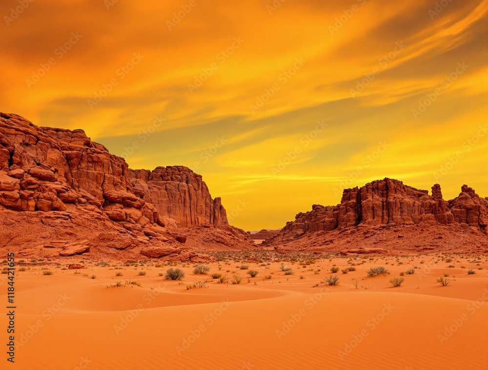 Naklejka premium Fiery Sunset over Dramatic Desert Landscape: Sandstone Cliffs and Orange Sand Dunes
